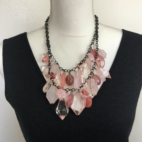 Gun Metal Silver Pink Acrylic Crystal Necklace - Picture 8 of 10